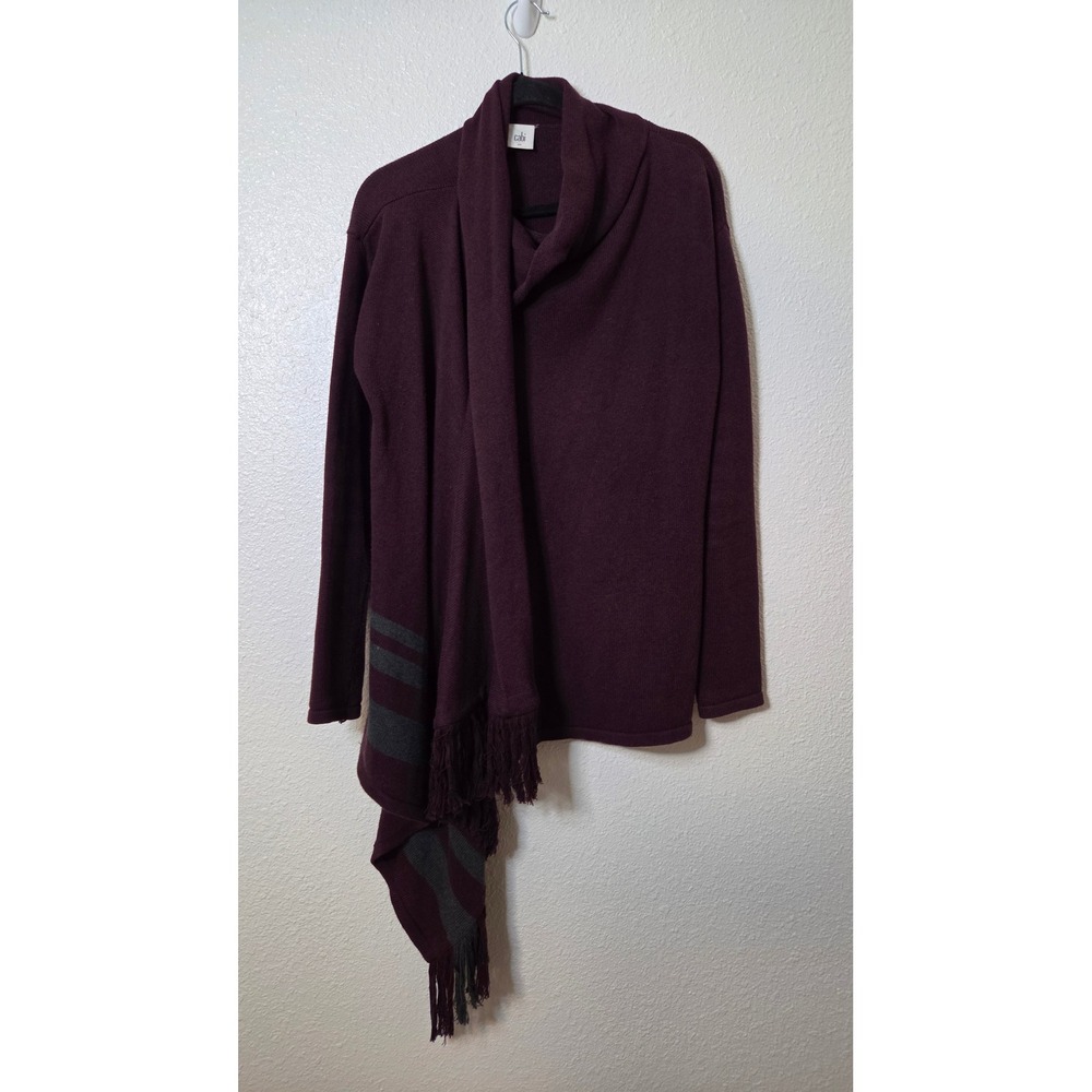 Cabi Plum Asymmetrical Wrap Front Cardigan Fringe Scarf Detail Cotton Small